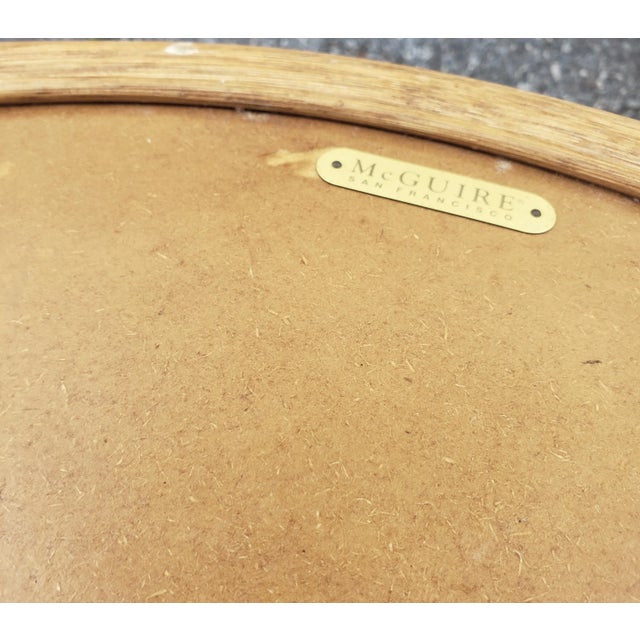 Tan McGuire Three Tier Natural Rattan Bamboo and Leather Rolling Bar Cart For Sale - Image 8 of 10