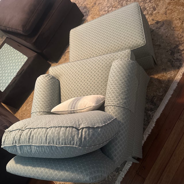 Ethan Allen Ethan Allen Skirted Swivel Rocking Lounge Chair & Rolling Ottoman Set With Custom Fabric For Sale - Image 4 of 7