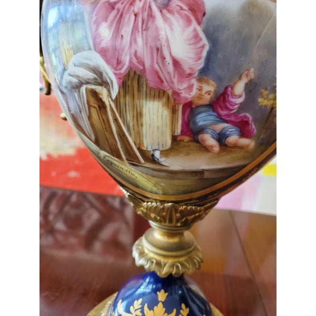 Antique French Sevres Style Signed Urns in Porcelain and Bronze - a Pair For Sale In Boston - Image 6 of 12