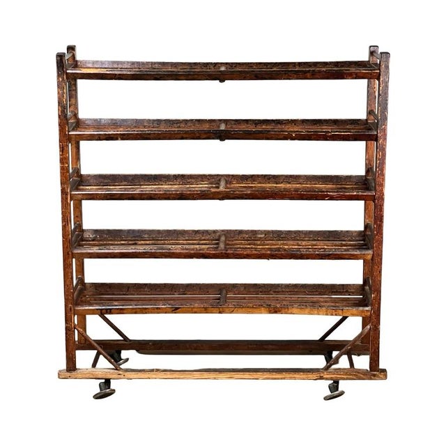 Antique Oak Shoe Factory Rolling Rack on Original Industrial Casters C. Late 19th Century For Sale - Image 14 of 15