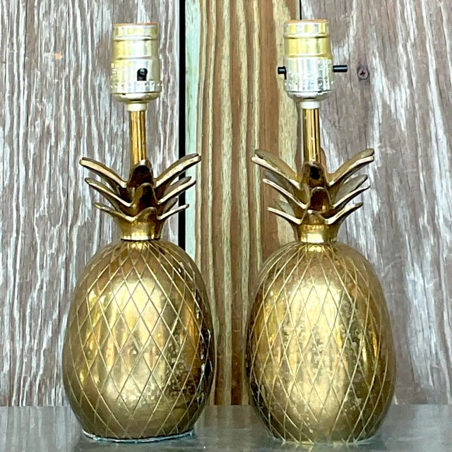 Vintage Coastal Brass Pineapple Lamps - a Pair For Sale - Image 4 of 6