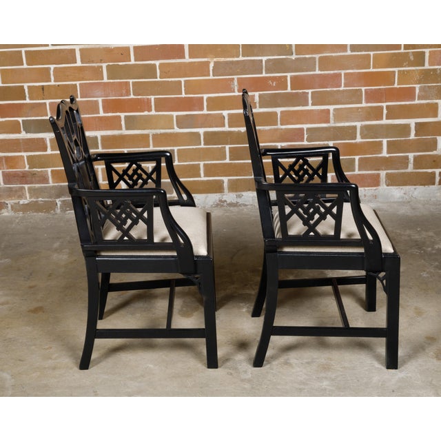 Chinese Pair of English Chinese Chippendale Style Black Lacquered Armchairs, circa 1950 For Sale - Image 3 of 12