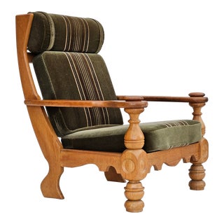 1970s, Danish Highback Armchair, Original Condition, Velour, Solid Oak Wood. For Sale