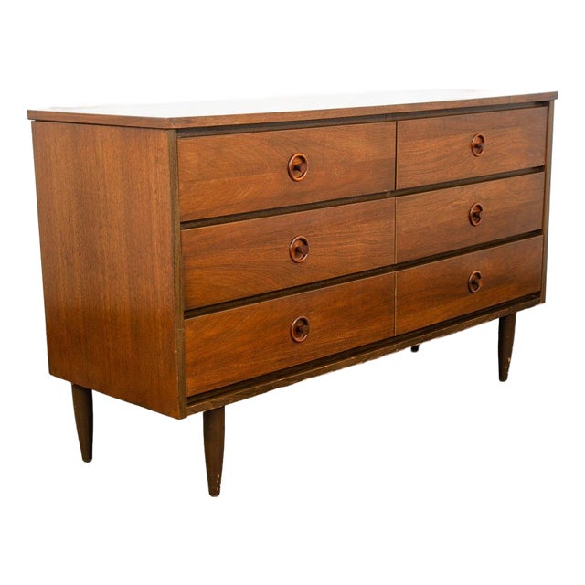 Mid Century Modern Credenza Dresser 6 Drawer Brass Walnut Vintage MCM Restored For Sale