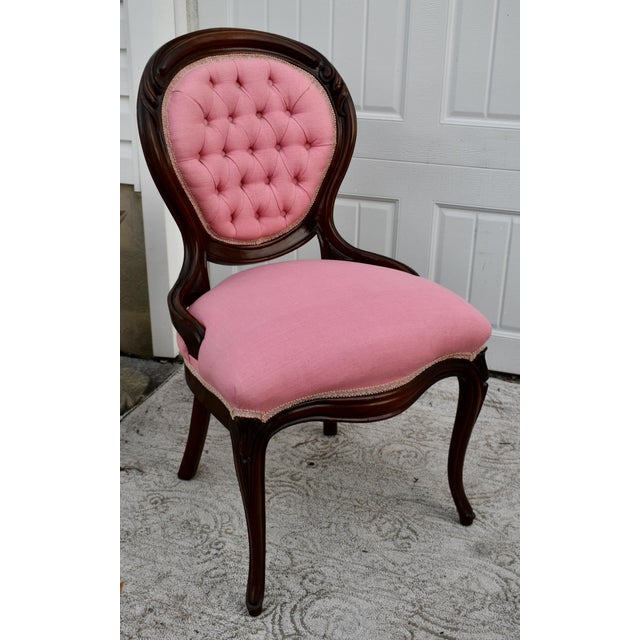 Wood Antique Walnut Parlor Chair Victorian Style Tufted Pink Bedroom Accent Vanity For Sale - Image 7 of 13