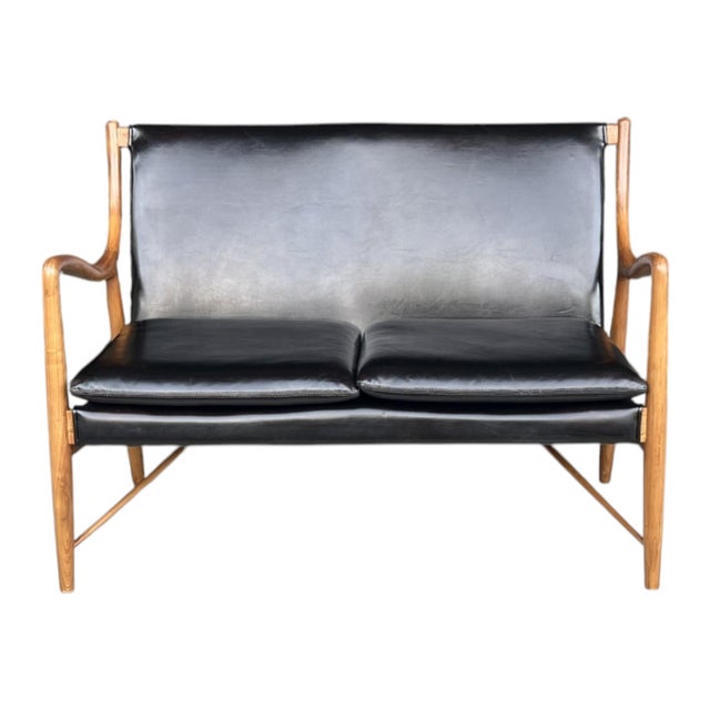 Mid-Century Modern Scandinavian Modern Walnut & Black Leather Loveseat – Sculptural Frame For Sale - Image 3 of 11