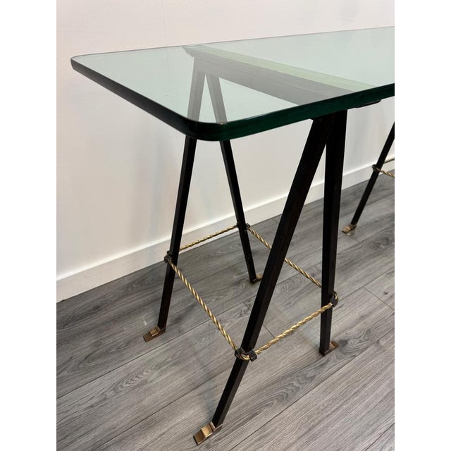 1950s Iron and Brass Trestle Console with Glass Top, 1950s For Sale - Image 5 of 14