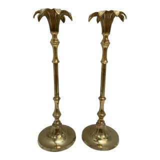 Vintage Midcentury Brass Palm Tree Candleholders- a Pair For Sale
