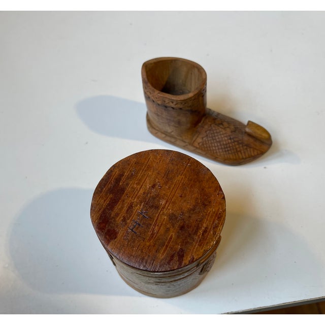 Brown Folk Art Birch Bark Canister and Wooden Boot, 1930s, Set of 2 For Sale - Image 8 of 13
