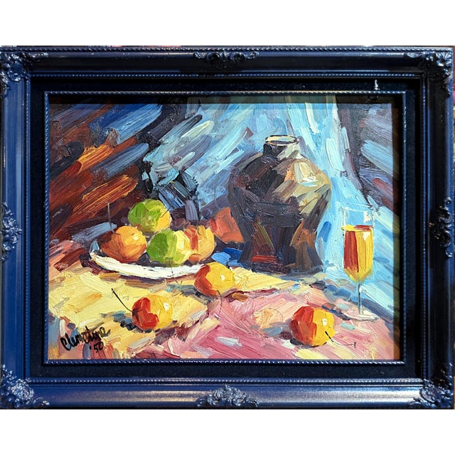 Captivating and vibrant, this matched pair of original mid-century impressionist still life oil paintings brings a bold...