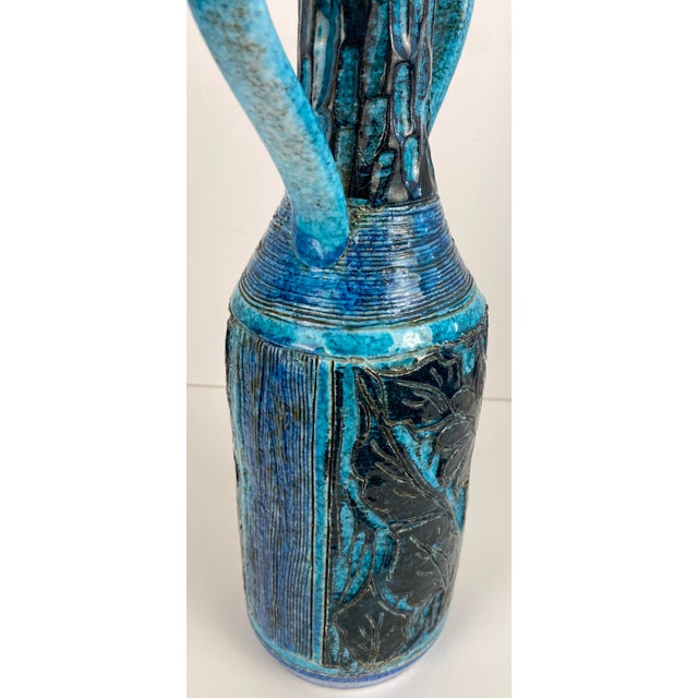 Mid 20th Century Accolay Style Ceramic Vase With Handles, Large Blue Vase Att. To Accolay Pottery For Sale - Image 5 of 7