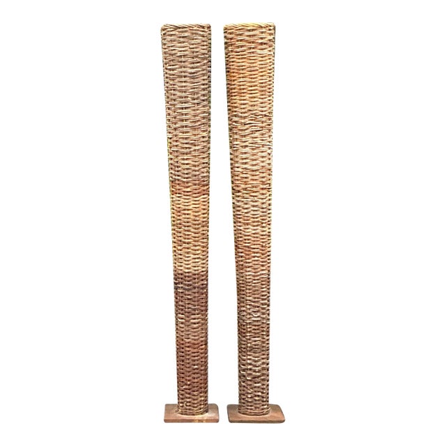 Vintage Boho Woven Rattan Tall Floor Vases - A Pair For Sale