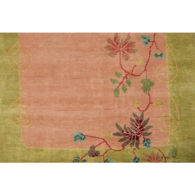 Hand-knotted in wool, this 3x12 contemporary Chinese Deco runner features a peach center encircled by a chartreuse border...