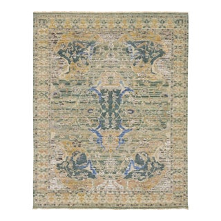 Artisan Collection Handmade Indian Wool & Silk Rug in Green With Floral Design For Sale