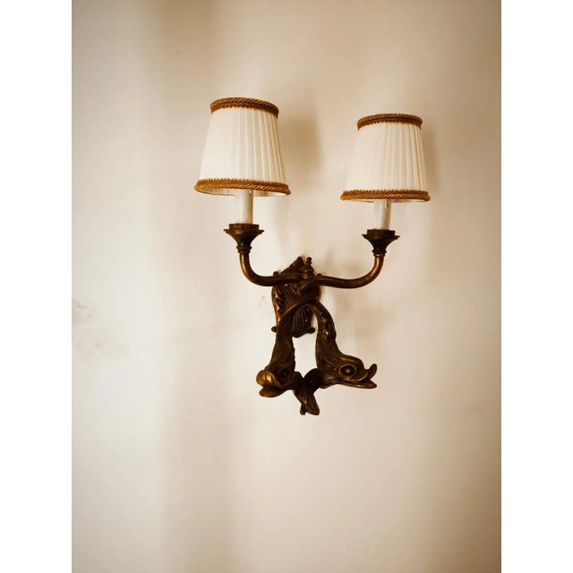 Metal Bronze Wall Lights with Fish and Silk Lampshades For Sale - Image 7 of 10