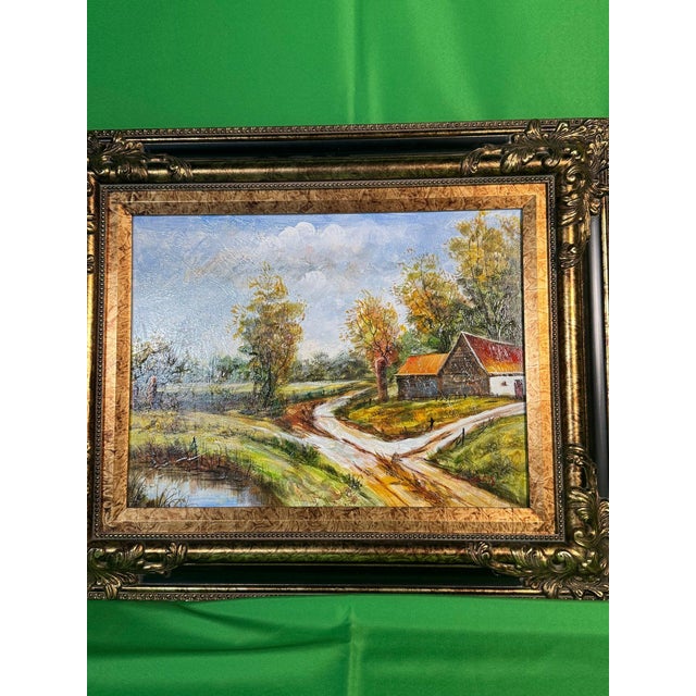 Original Oil on Canvas Autumn Landscape With Red-Roofed Barn, Gilt Frame For Sale - Image 4 of 6