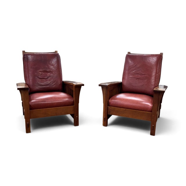 Mission Stickley Spindle Reclining Leather Morris Chairs, a Pair For Sale - Image 3 of 18