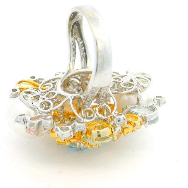 1980s 18k White Gold Aquamarine Multi-Gem Pearl Diamond Cluster Cocktail Ring, Size 6.75 For Sale - Image 9 of 10