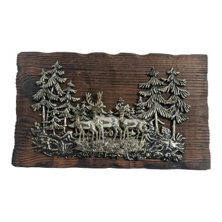 Vintage Silver-Tone Deer Woodland Relief Plaque on Rustic Wood, 13" For Sale