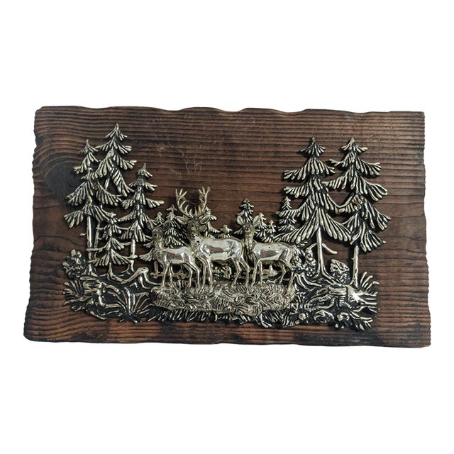 Vintage Silver-Tone Deer Woodland Relief Plaque on Rustic Wood, 13" For Sale