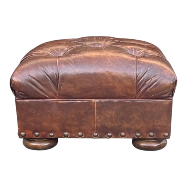 Wood English Chesterfield Style Tufted Leather Armchair & Ottoman For Sale - Image 7 of 14
