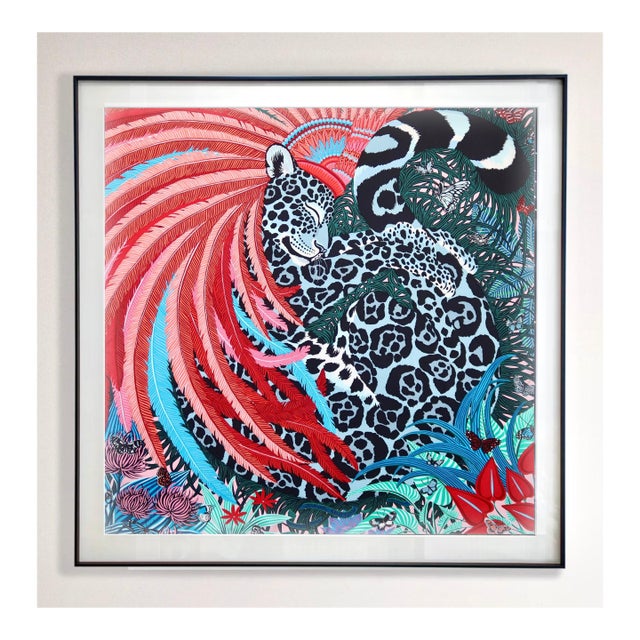 Framed Hermès Silk Scarf "Jaguar Quetzal" by Alice Shirley - Midnight Black Frame For Sale