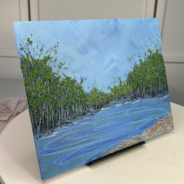Contemporary A Pond Brings Peace Acrylic Painting Unframed 8 X 10" Nature Theme Wall Art For Sale - Image 3 of 7