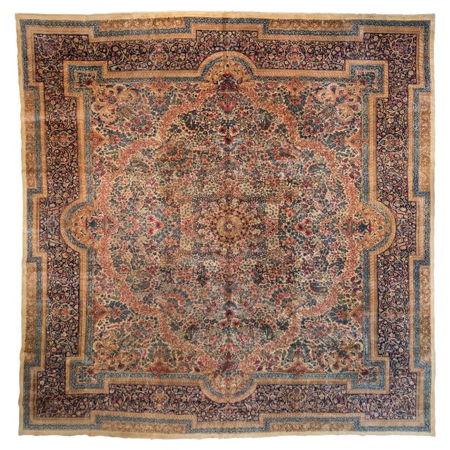 1920s 1920s Persian Square Rose Ivory Navy Blue Floral Kirman Rug For Sale - Image 5 of 5