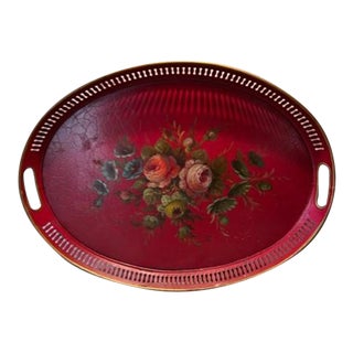 Antique Hand-Painted Floral Tole Red Reticulated Tray For Sale