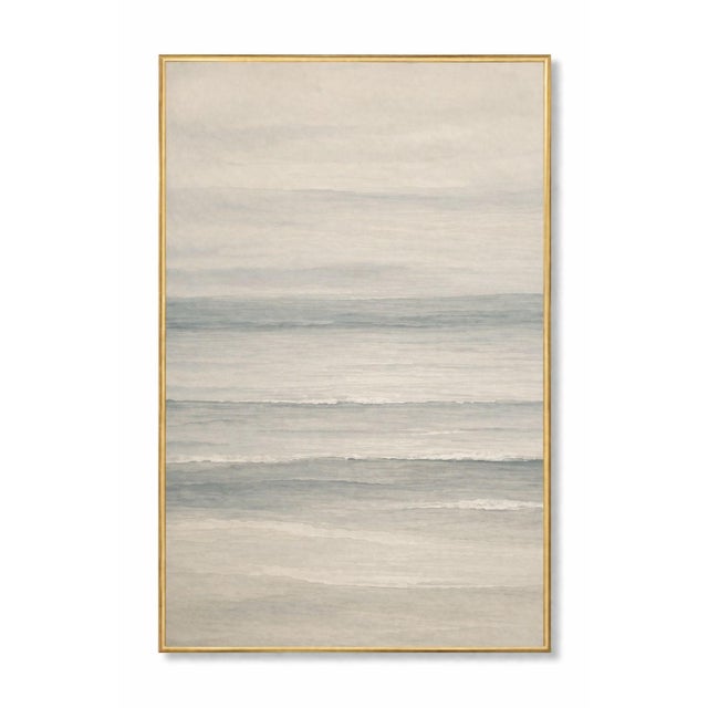 Minimalist coastal artwork featuring softly layered ocean waves rendered in muted, tonal washes. The composition...