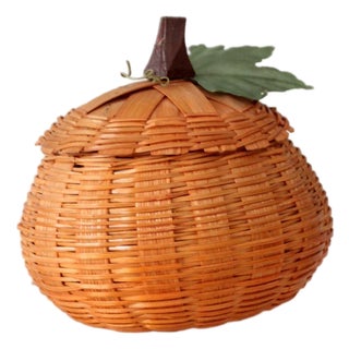 Vintage Woven Pumpkin Basket With Lid For Sale