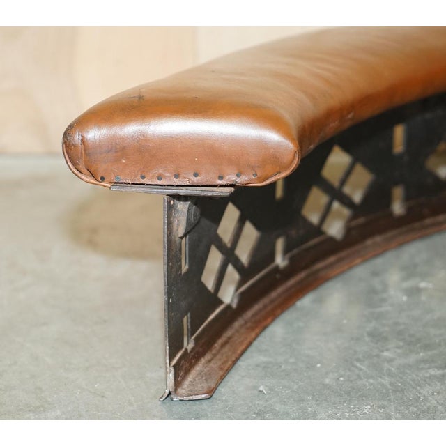 Antique Victorian Demi Lune Brown Leather Club Fender with Pierced Metal, 1880s For Sale - Image 15 of 18