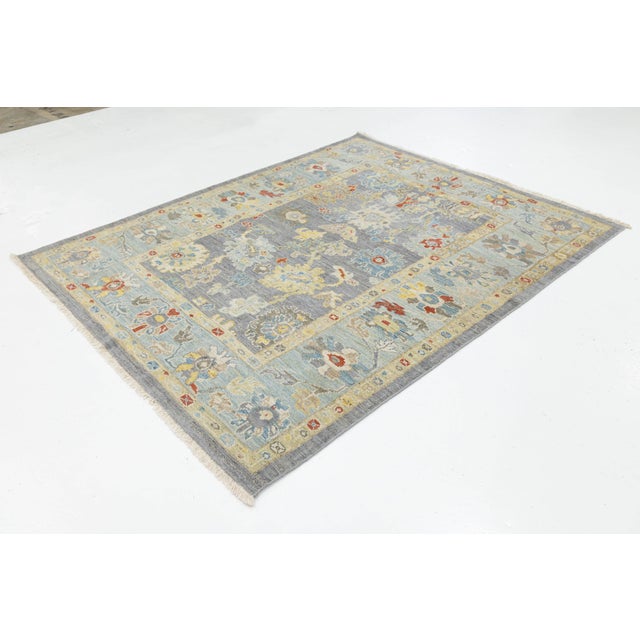 Modern Sultanabad Hand-Knotted Area Wool Rug – Slate Blue Floral Design 6 X 7 For Sale - Image 4 of 10