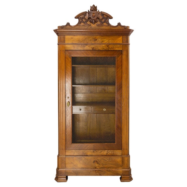 Louis Philippe French Walnut Library Book Armoire with Secret Drawer, 1840s For Sale