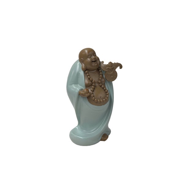 Joyful Laughing Buddha Light Celadon Robe Ceramic Coin Bat Ru Yi Figure For Sale In San Francisco - Image 6 of 13