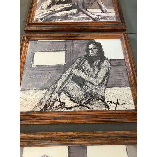 1970s 1970’s Original Watercolor Paintings/Charcoal Drawings Abstract Nudes Vintage Wood Frames Signed-Set of 3 For Sale - Image 5 of 7