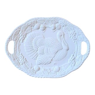 Mid-20th Century White Ceramic Embossed Turkey Platter With Handles For Sale
