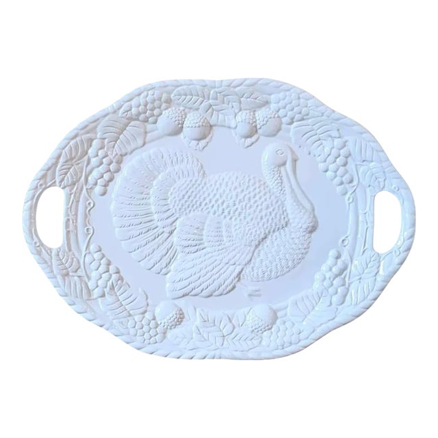 Mid-20th Century White Ceramic Embossed Turkey Platter With Handles For Sale