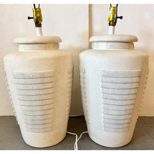 Pair of Handmade Heavily Textured Plaster Table Lamps From 80's For Sale In Miami - Image 6 of 7