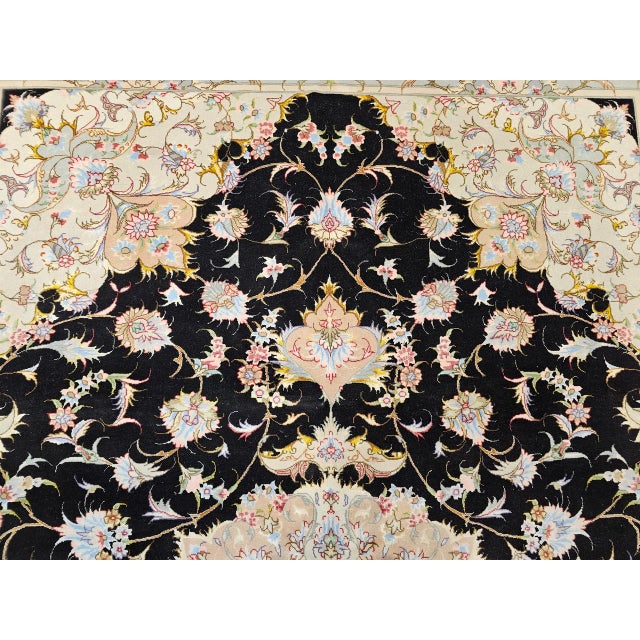 Fine Tabriz Rug, Hand-Knotted Wool & Silk, Floral Pattern, Black & Ivory, 7x10 For Sale - Image 15 of 18