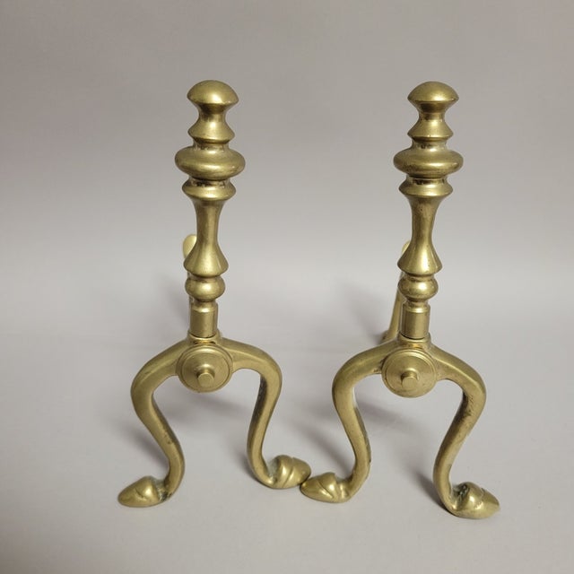 American Pair Vintage Solid Brass Miniature Firedogs / Andiron Tool Rests For Sale - Image 3 of 6