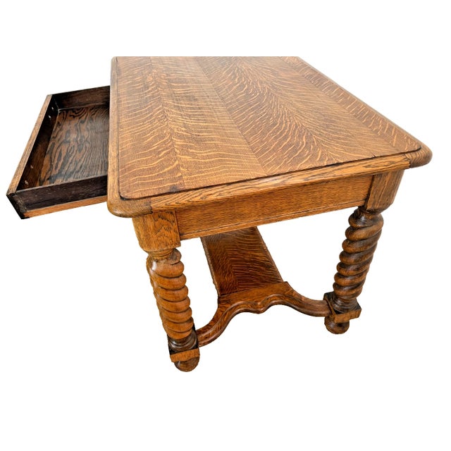 Wood Antique Desk Barley Twist Legs, Drawer, Tiger Oak, Bottom Shelf, American Empire For Sale - Image 7 of 11