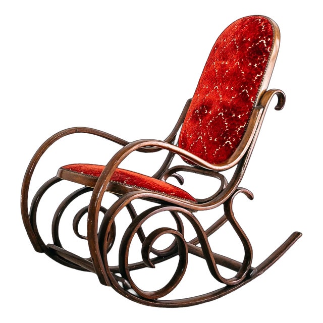 Vintage Bentwood and Red Velvet Rocking Chair, 1950s For Sale