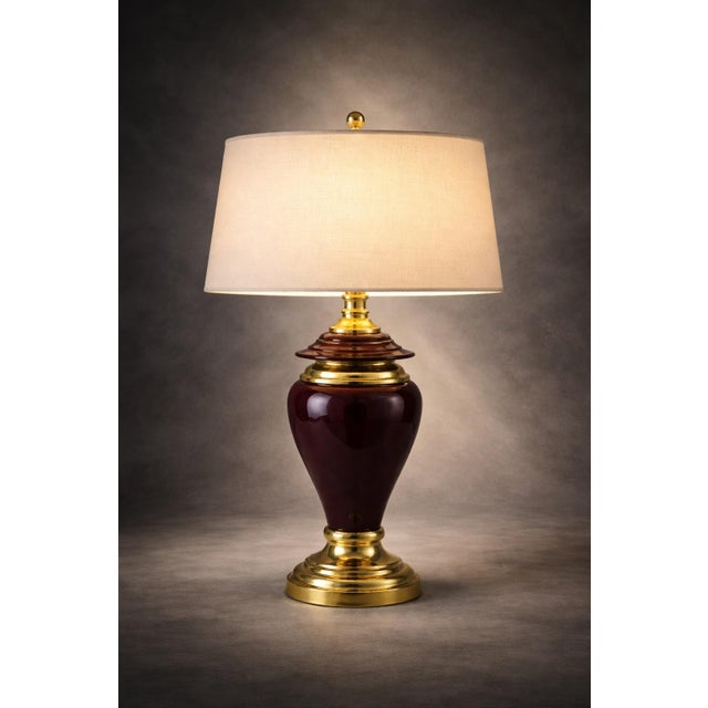 Hollywood Regency Eggplant & Brass Table Lamp With New 17” Shade For Sale In Los Angeles - Image 6 of 12
