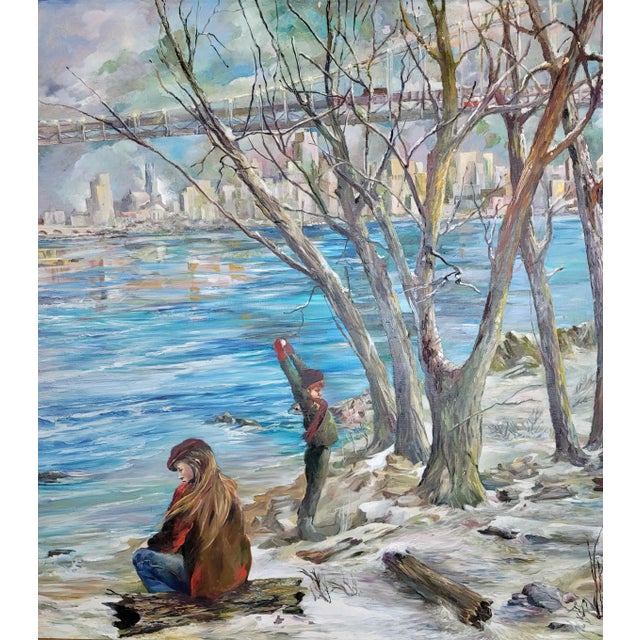 E. Case -Children at Play at Park Over the Brooklyn Bridge-Monumental Oil Painting For Sale In Los Angeles - Image 6 of 13