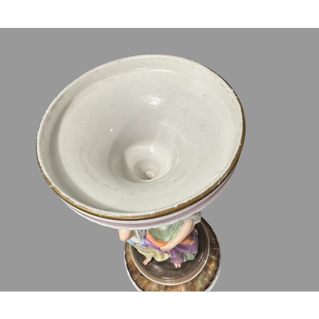 Antique Victorian 11.5" 3 Graces Figural Porcelain Compote Candlestick Vase With Glossy Finish For Sale - Image 4 of 8