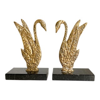 1970s Vintage Brass Swan Bookends with Stone Bases- a Pair For Sale