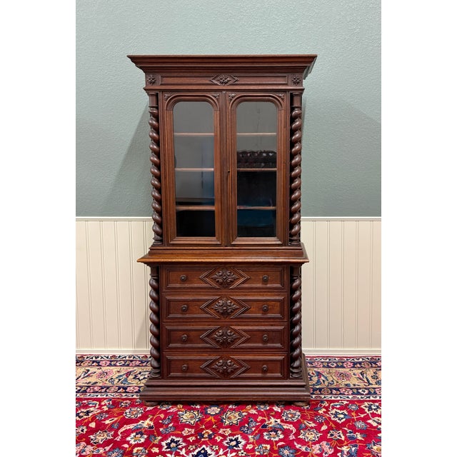 Beautifully Carved Antique French Oak Barley Twist Bookcase on Chest of Drawers~~c. early 1900s Handsome double door upper...