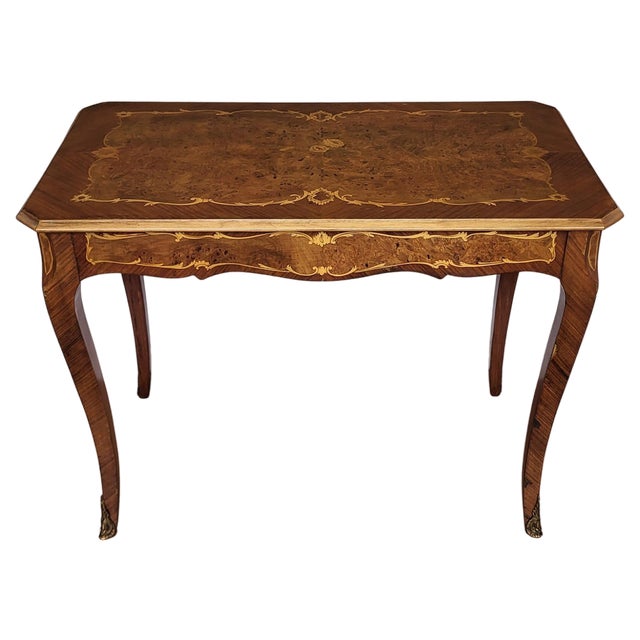 Italian Walnut Inlay Marquetry Saber Legs Sofa or Side Table, 1950s For Sale