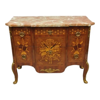 Vintage French Louis XV Style Marquetry Inlay Marble Top Commode Dresser Chest For Sale